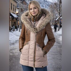 RUDSAK Beige and Brown Puffer Coat with Fur Trim